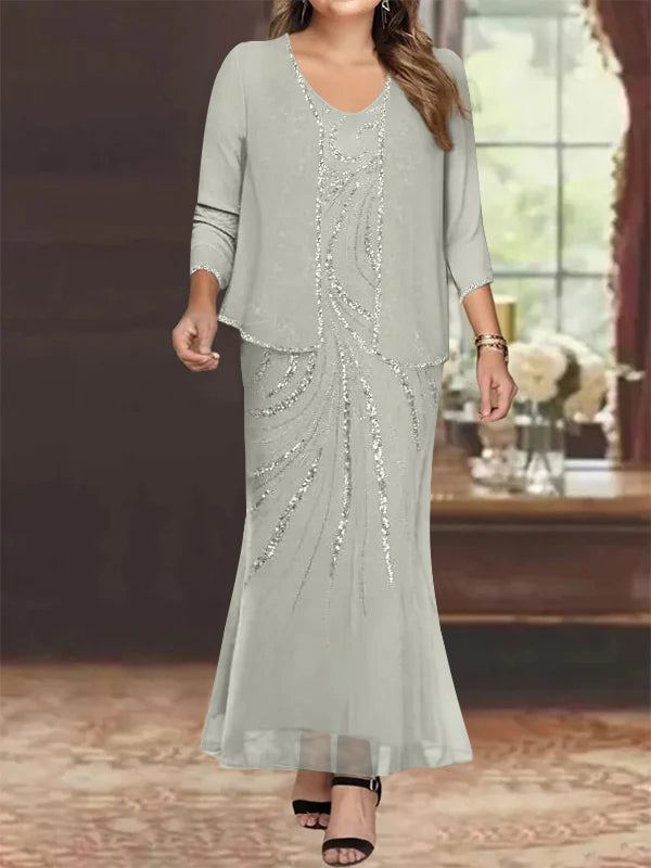 Plus Size V Neck Ankle Length Sheath Column Mother of the Bride Dresses with Sequins & Jacket