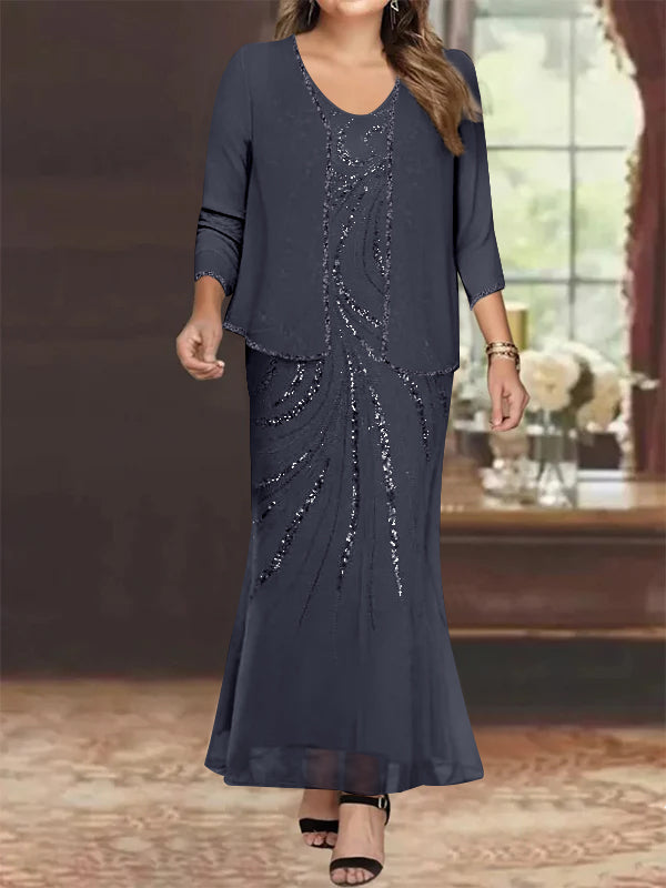 Plus Size V Neck Ankle Length Sheath Column Mother of the Bride Dresses with Sequins & Jacket