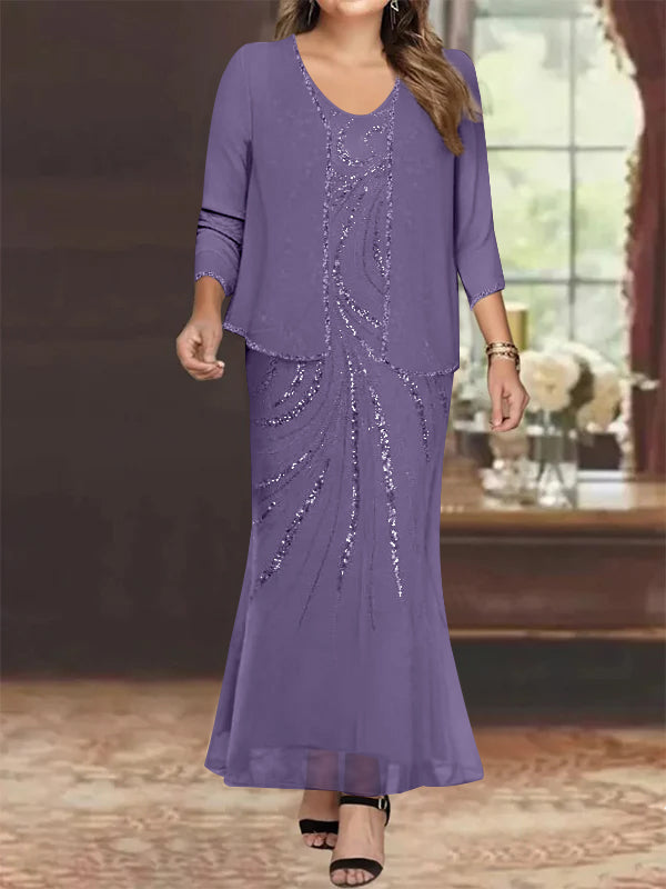 Plus Size V Neck Ankle Length Sheath Column Mother of the Bride Dresses with Sequins & Jacket