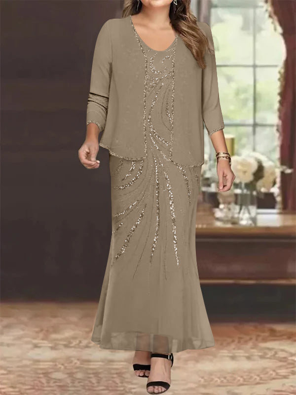 Plus Size V Neck Ankle Length Sheath Column Mother of the Bride Dresses with Sequins & Jacket