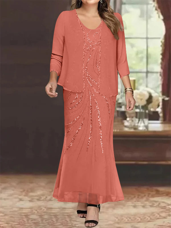 Plus Size V Neck Ankle Length Sheath Column Mother of the Bride Dresses with Sequins & Jacket