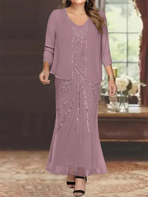 Plus Size V Neck Ankle Length Sheath Column Mother of the Bride Dresses with Sequins & Jacket