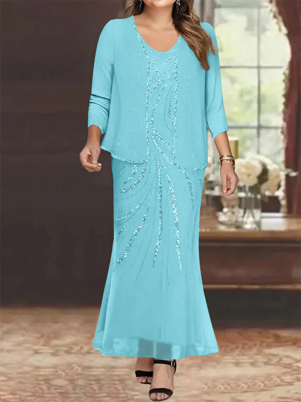 Plus Size V Neck Ankle Length Sheath Column Mother of the Bride Dresses with Sequins & Jacket