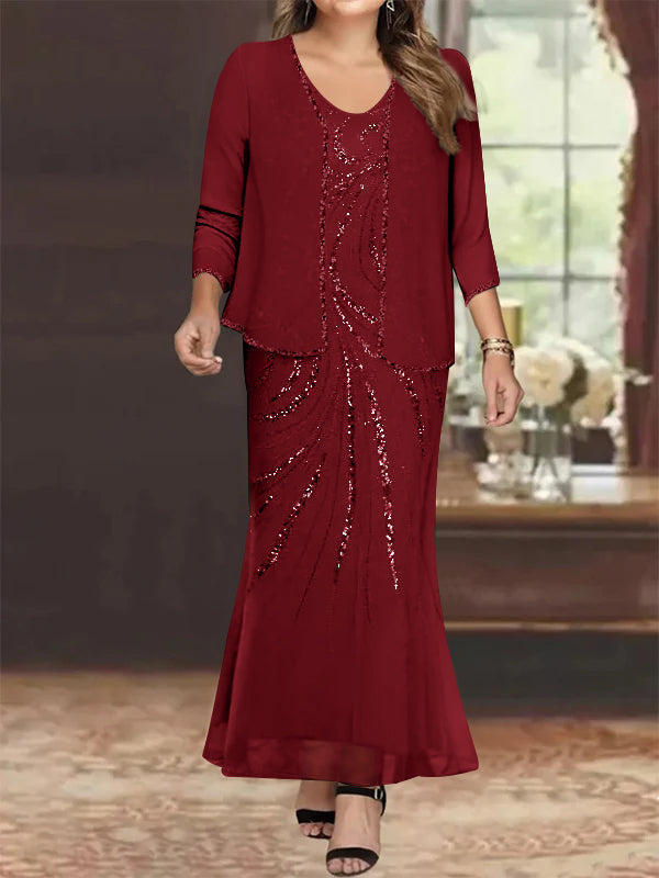 Plus Size V Neck Ankle Length Sheath Column Mother of the Bride Dresses with Sequins & Jacket