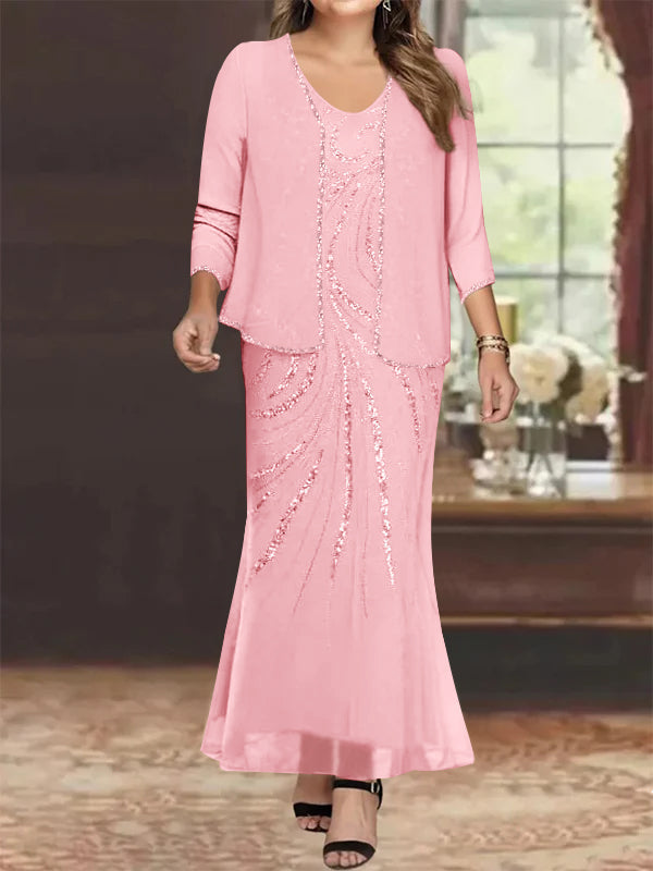 Plus Size V Neck Ankle Length Sheath Column Mother of the Bride Dresses with Sequins & Jacket