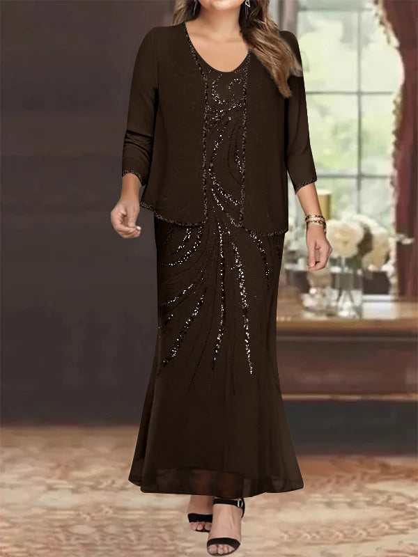 Plus Size V Neck Ankle Length Sheath Column Mother of the Bride Dresses with Sequins & Jacket