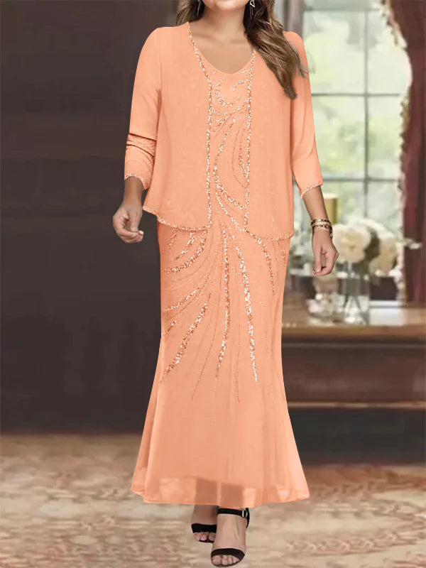 Plus Size V Neck Ankle Length Sheath Column Mother of the Bride Dresses with Sequins & Jacket