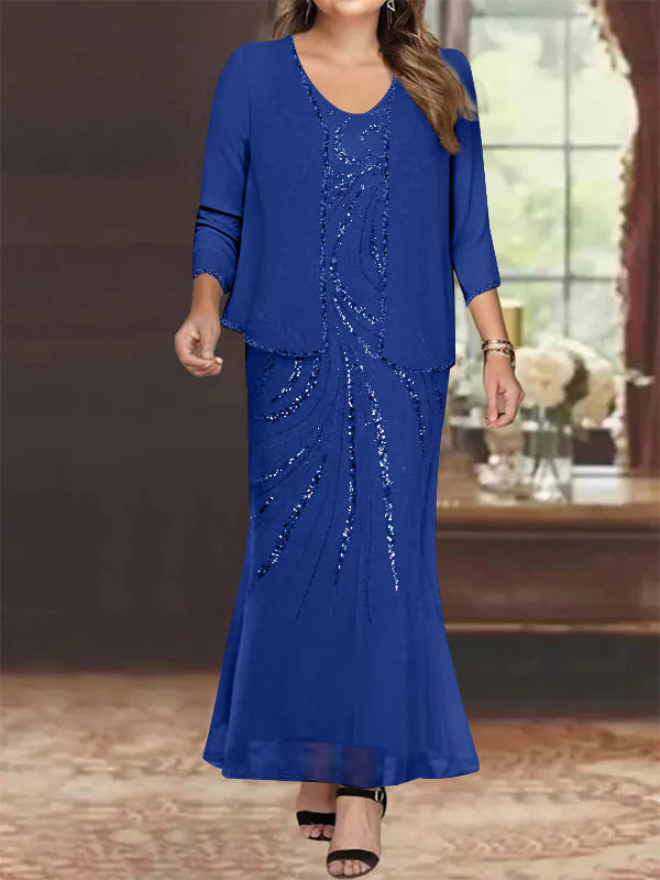 Plus Size V Neck Ankle Length Sheath Column Mother of the Bride Dresses with Sequins & Jacket