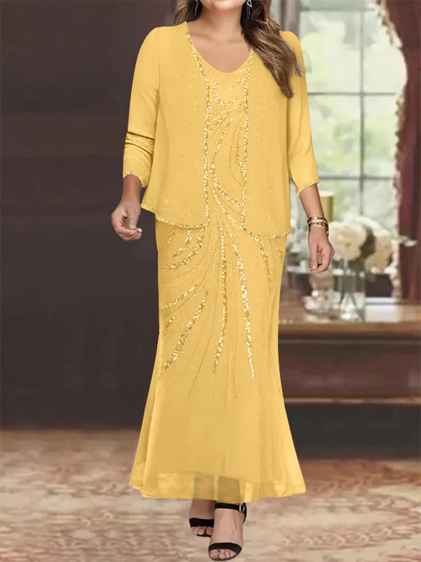 Plus Size V Neck Ankle Length Sheath Column Mother of the Bride Dresses with Sequins & Jacket