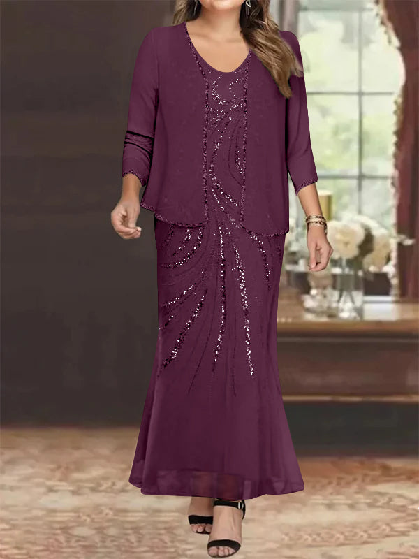 Plus Size V Neck Ankle Length Sheath Column Mother of the Bride Dresses with Sequins & Jacket