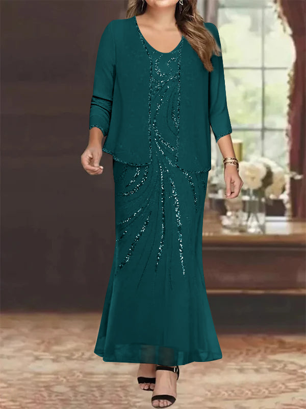 Plus Size V Neck Ankle Length Sheath Column Mother of the Bride Dresses with Sequins & Jacket