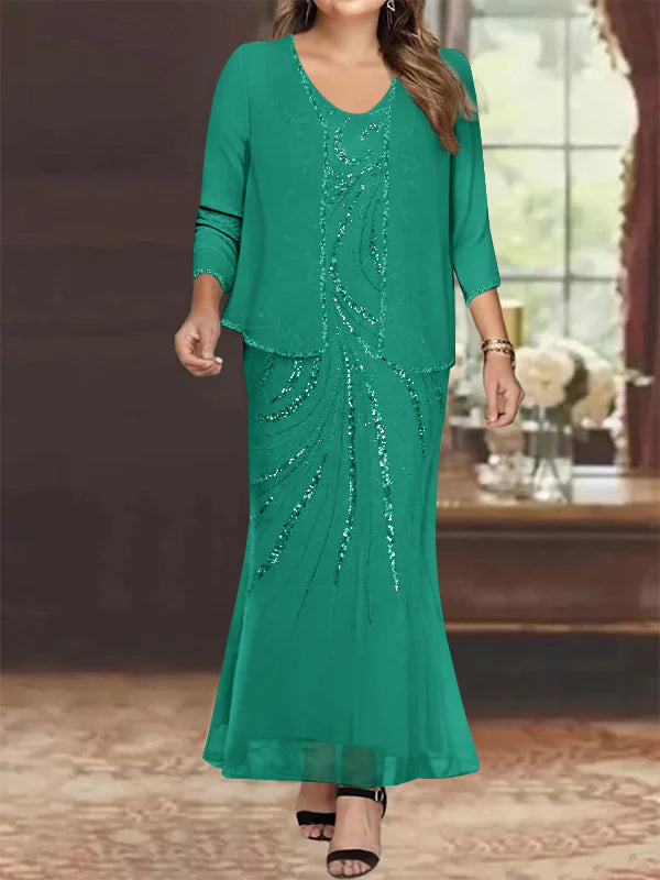 Plus Size V Neck Ankle Length Sheath Column Mother of the Bride Dresses with Sequins & Jacket