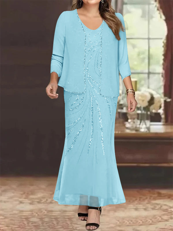 Plus Size V Neck Ankle Length Sheath Column Mother of the Bride Dresses with Sequins & Jacket