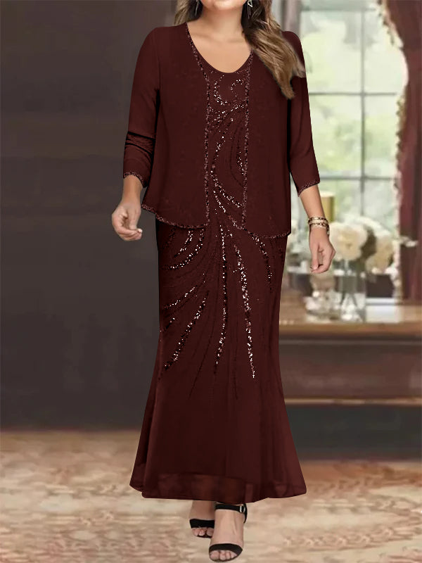 Plus Size V Neck Ankle Length Sheath Column Mother of the Bride Dresses with Sequins & Jacket