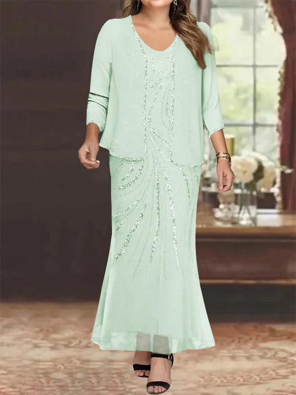 Plus Size V Neck Ankle Length Sheath Column Mother of the Bride Dresses with Sequins & Jacket