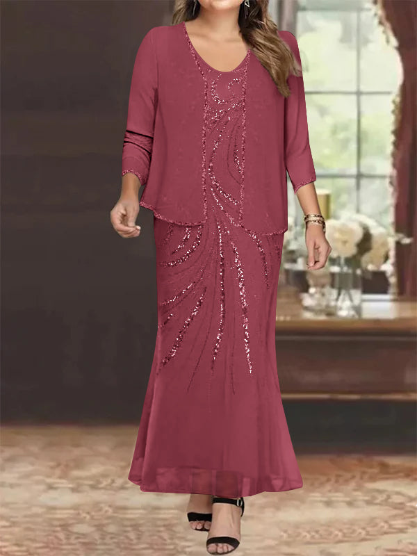 Plus Size V Neck Ankle Length Sheath Column Mother of the Bride Dresses with Sequins & Jacket