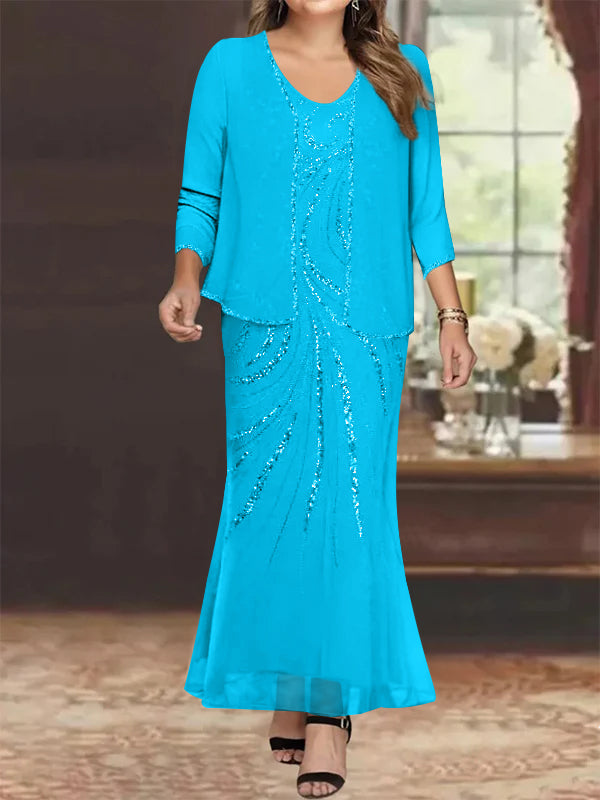 Plus Size V Neck Ankle Length Sheath Column Mother of the Bride Dresses with Sequins & Jacket