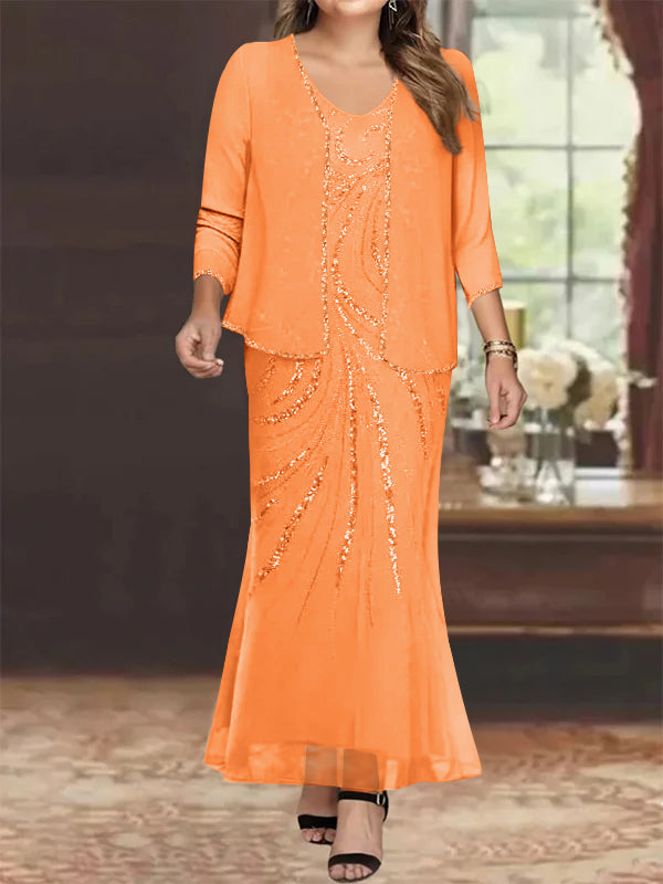 Plus Size V Neck Ankle Length Sheath Column Mother of the Bride Dresses with Sequins & Jacket