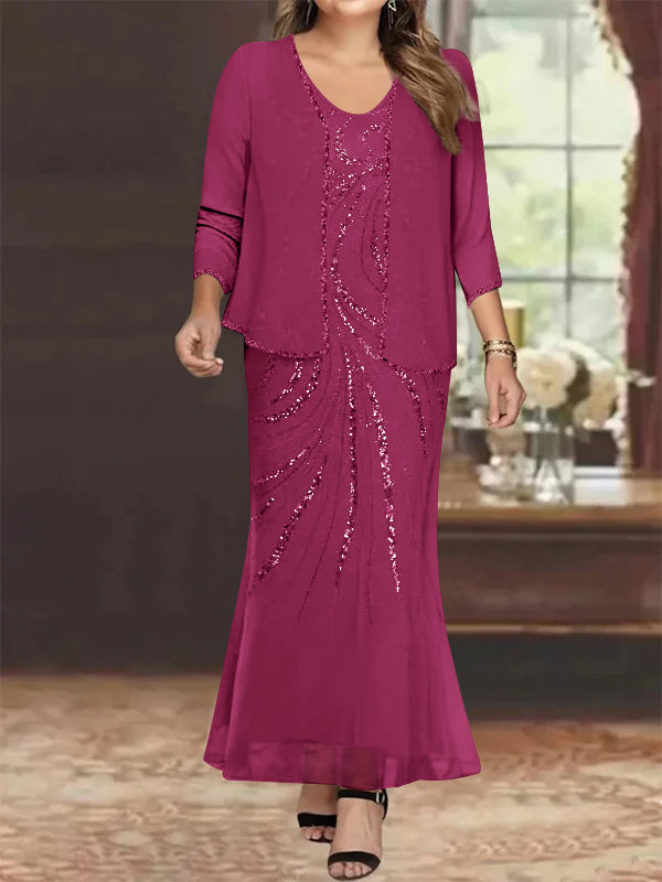 Plus Size V Neck Ankle Length Sheath Column Mother of the Bride Dresses with Sequins & Jacket