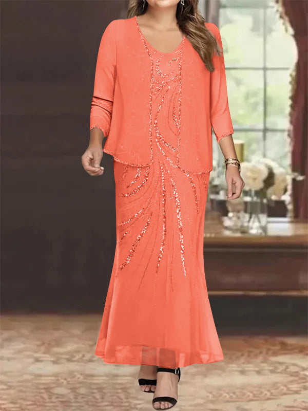 Plus Size V Neck Ankle Length Sheath Column Mother of the Bride Dresses with Sequins & Jacket