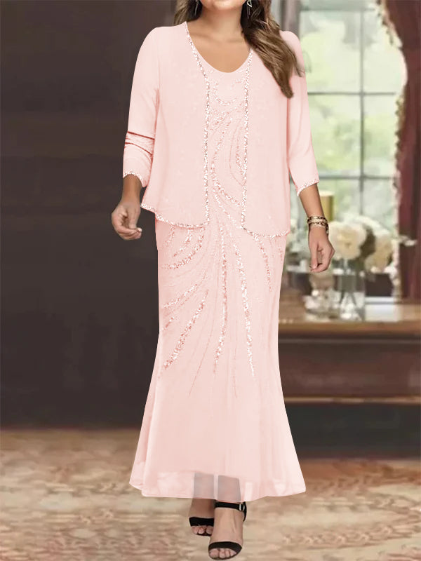 Plus Size V Neck Ankle Length Sheath Column Mother of the Bride Dresses with Sequins & Jacket