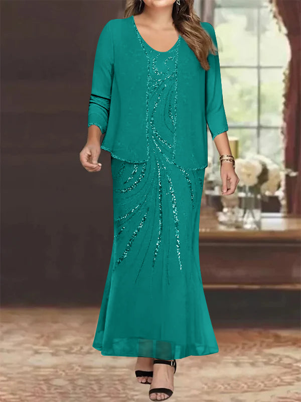 Plus Size V Neck Ankle Length Sheath Column Mother of the Bride Dresses with Sequins & Jacket