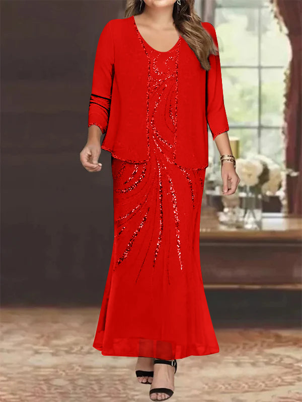 Plus Size V Neck Ankle Length Sheath Column Mother of the Bride Dresses with Sequins & Jacket