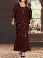 Plus Size V Neck Ankle Length Sheath Column Mother of the Bride Dresses with Sequins & Jacket