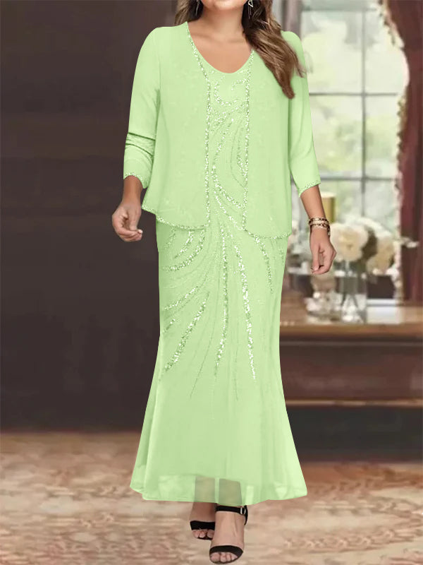 Plus Size V Neck Ankle Length Sheath Column Mother of the Bride Dresses with Sequins & Jacket