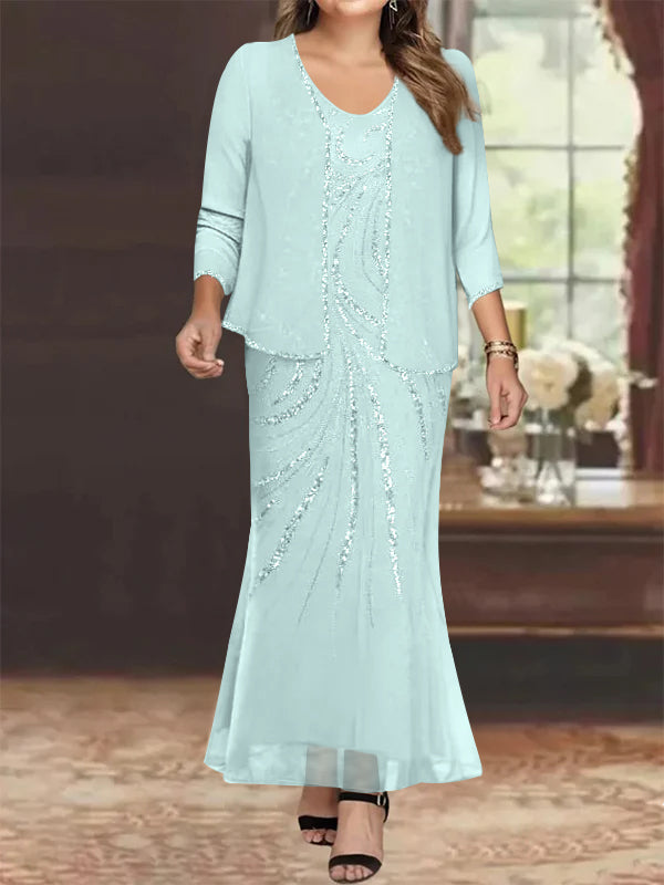 Plus Size V Neck Ankle Length Sheath Column Mother of the Bride Dresses with Sequins & Jacket