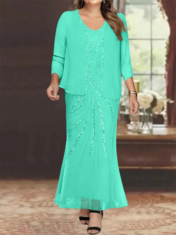 Plus Size V Neck Ankle Length Sheath Column Mother of the Bride Dresses with Sequins & Jacket