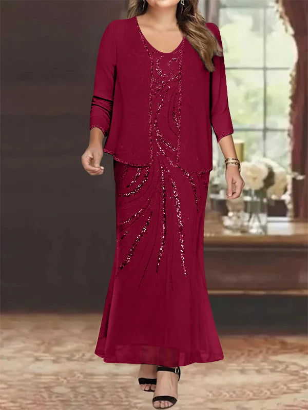Plus Size V Neck Ankle Length Sheath Column Mother of the Bride Dresses with Sequins & Jacket