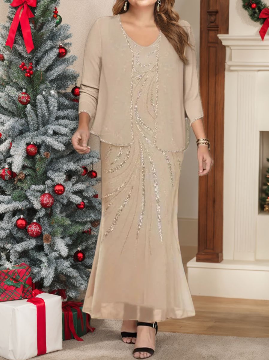 Plus Size V Neck Ankle Length Sheath Column Mother of the Bride Dresses with Sequins & Jacket