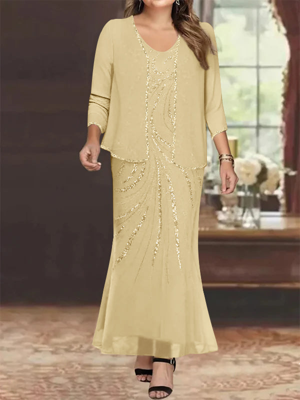 Plus Size V Neck Ankle Length Sheath Column Mother of the Bride Dresses with Sequins & Jacket