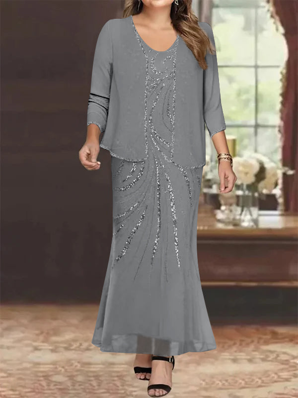 Plus Size V Neck Ankle Length Sheath Column Mother of the Bride Dresses with Sequins & Jacket