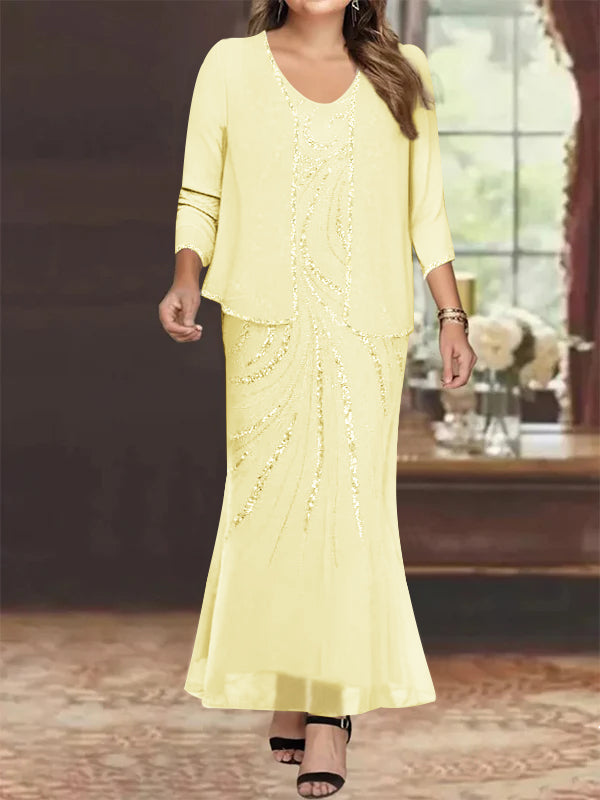 Plus Size V Neck Ankle Length Sheath Column Mother of the Bride Dresses with Sequins & Jacket
