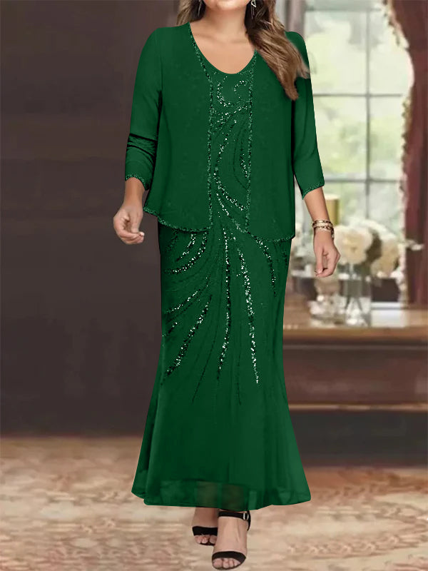Plus Size V Neck Ankle Length Sheath Column Mother of the Bride Dresses with Sequins & Jacket