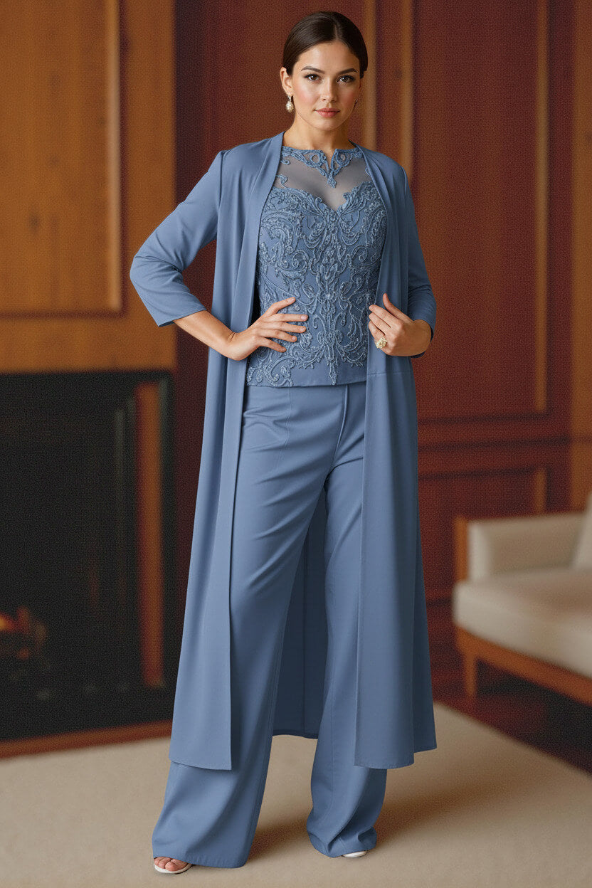 Dreamyannie Light Blue Bateau Neck Chiffon 3 Piece Mother Of The Bride Pant Suits With Jacket