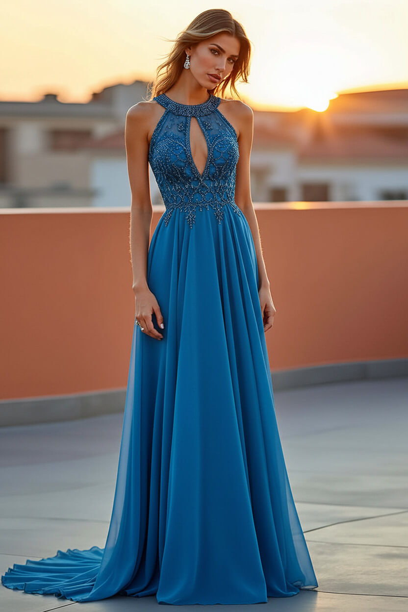 Dreamyannie Beaded Navy Wedding Guest Dress Halter Long Formal Dress With Embroideries