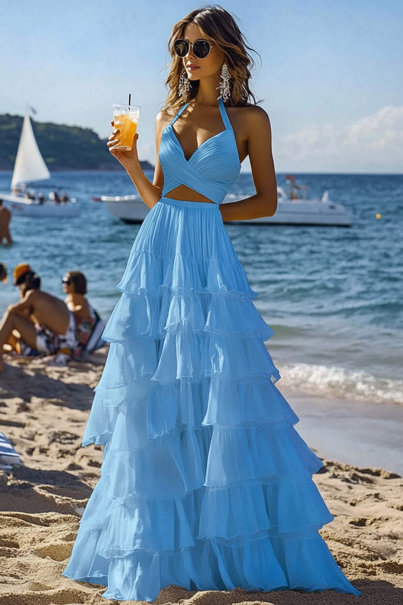 Dreamyannie Halter Tiered White 2 Piece Ruffled Formal Dress