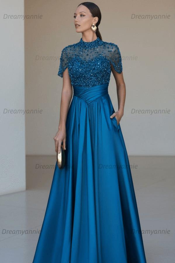 Green A Line Prom Dress Short Sleeve High Neck Beaded Formal Dress