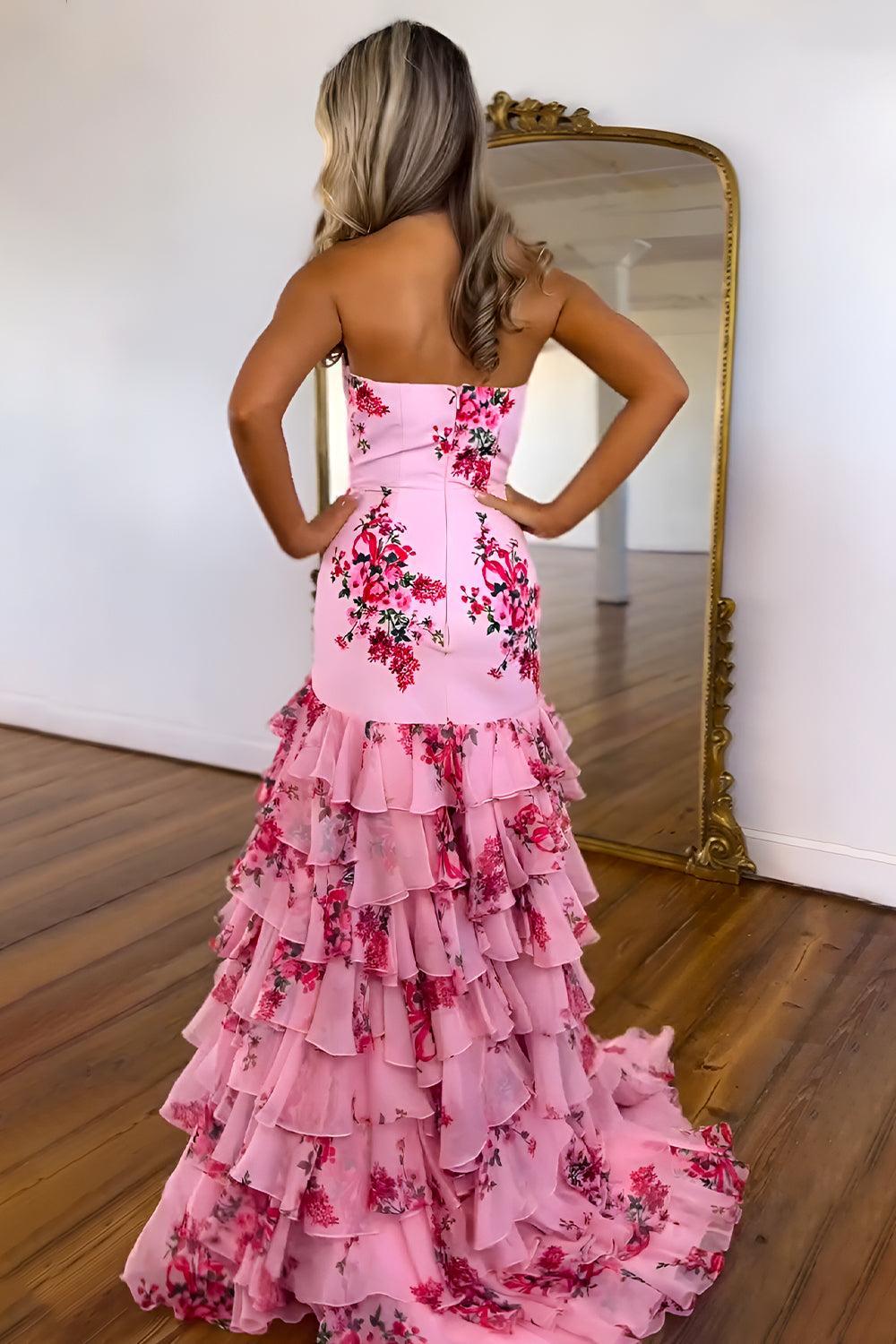 Pretty Pink Strapless Mermaid Prom Dress With Elegant Ruffle Printed Chiffon Skirt Formal Evening Gown