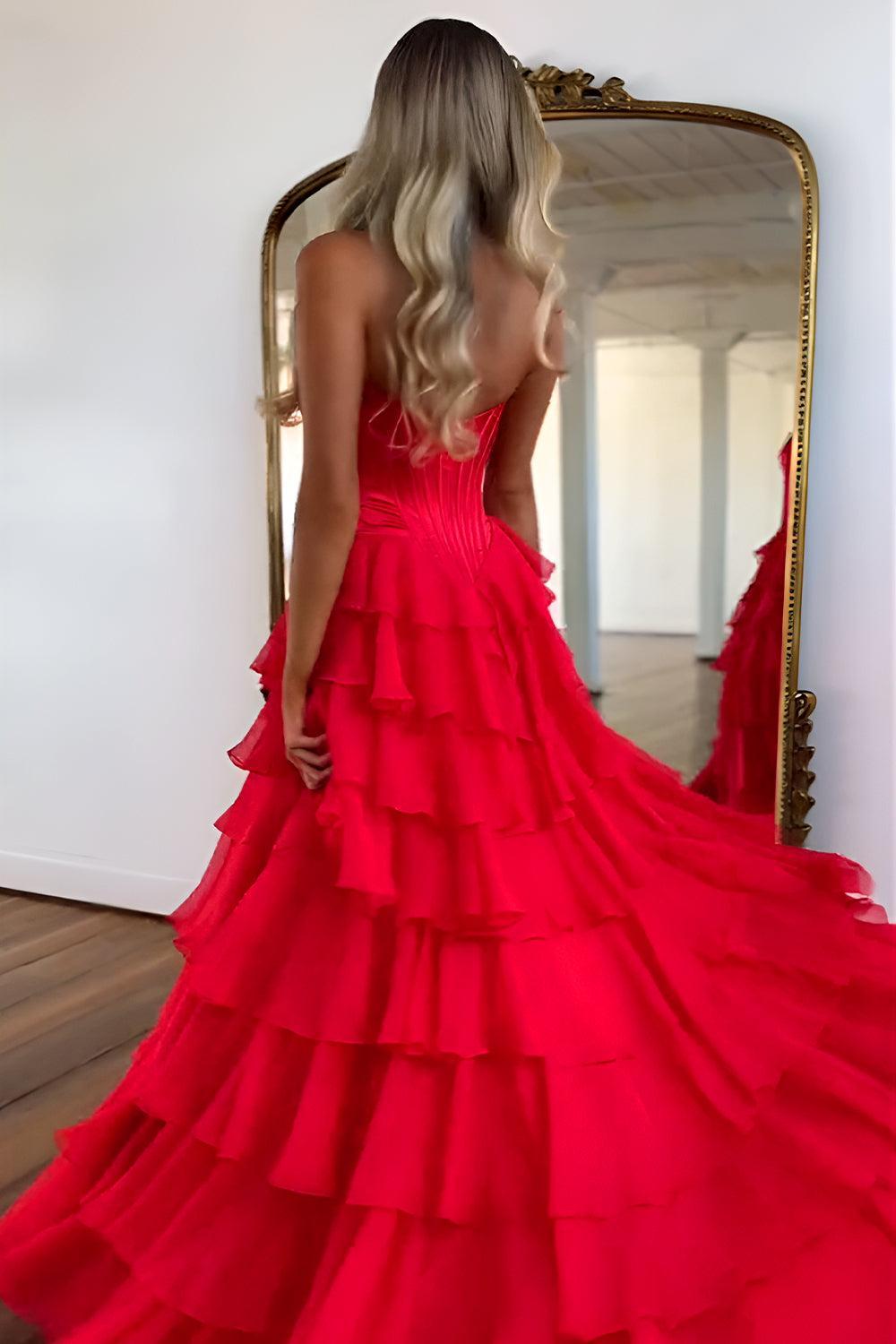 Pretty Sweetheart A-Line Satin Top Long Layered Chiffon Prom Dress With Slit Formal Evening Gown