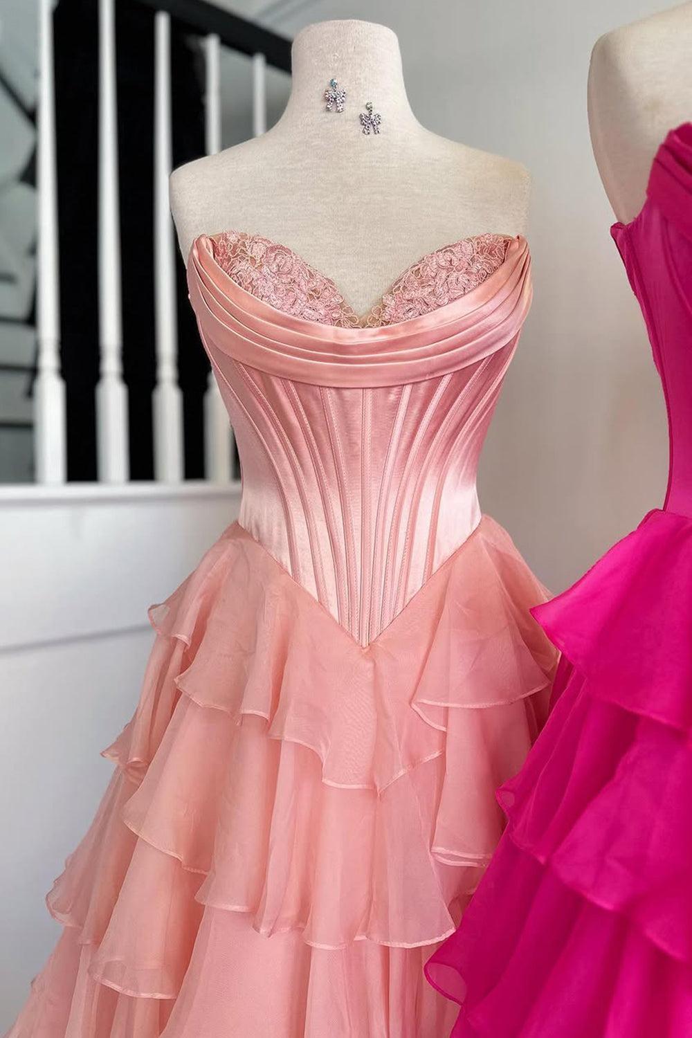 Pretty Sweetheart A-Line Satin Top Long Layered Chiffon Prom Dress With Slit Formal Evening Gown