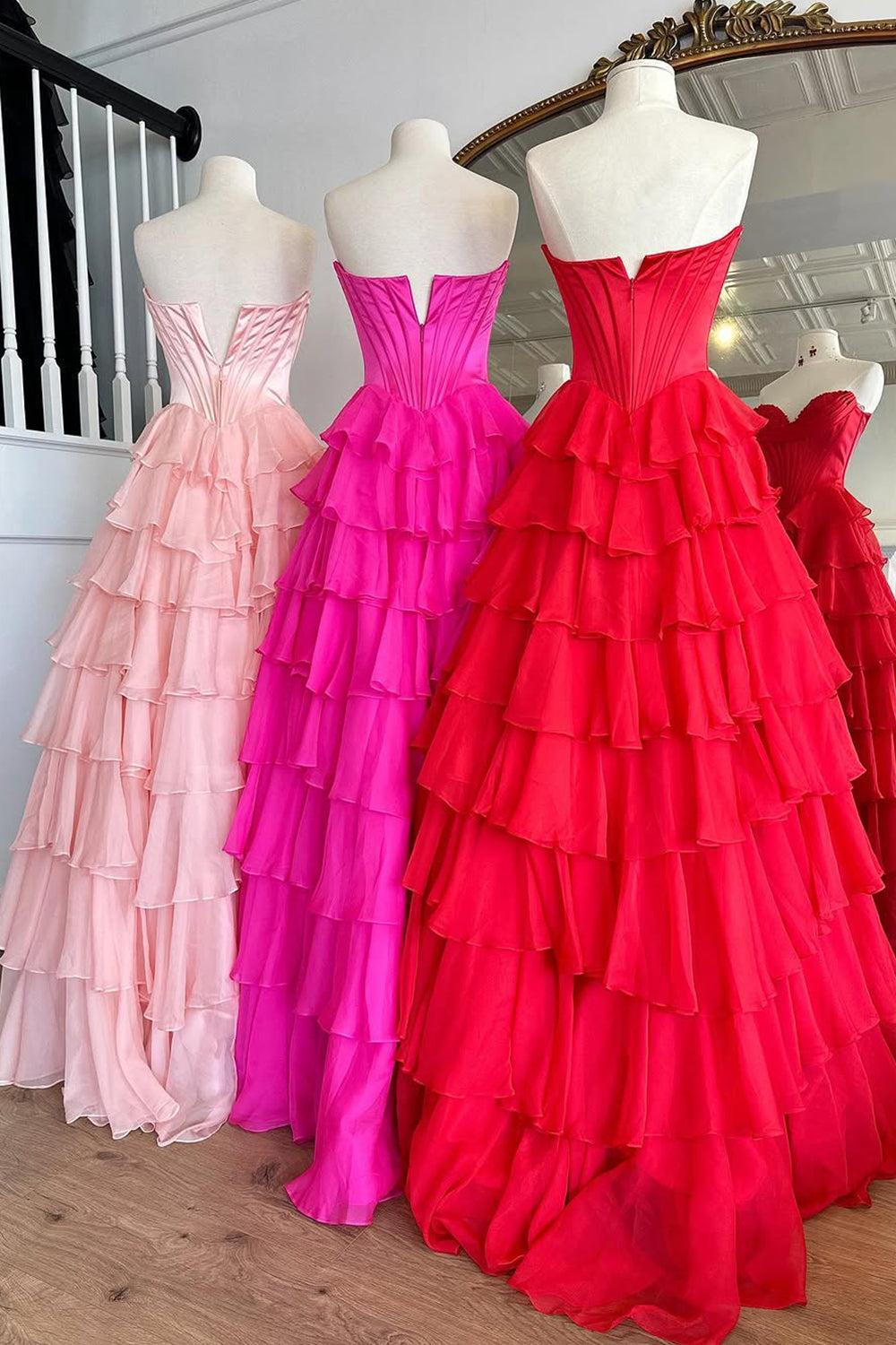 Pretty Sweetheart A-Line Satin Top Long Layered Chiffon Prom Dress With Slit Formal Evening Gown