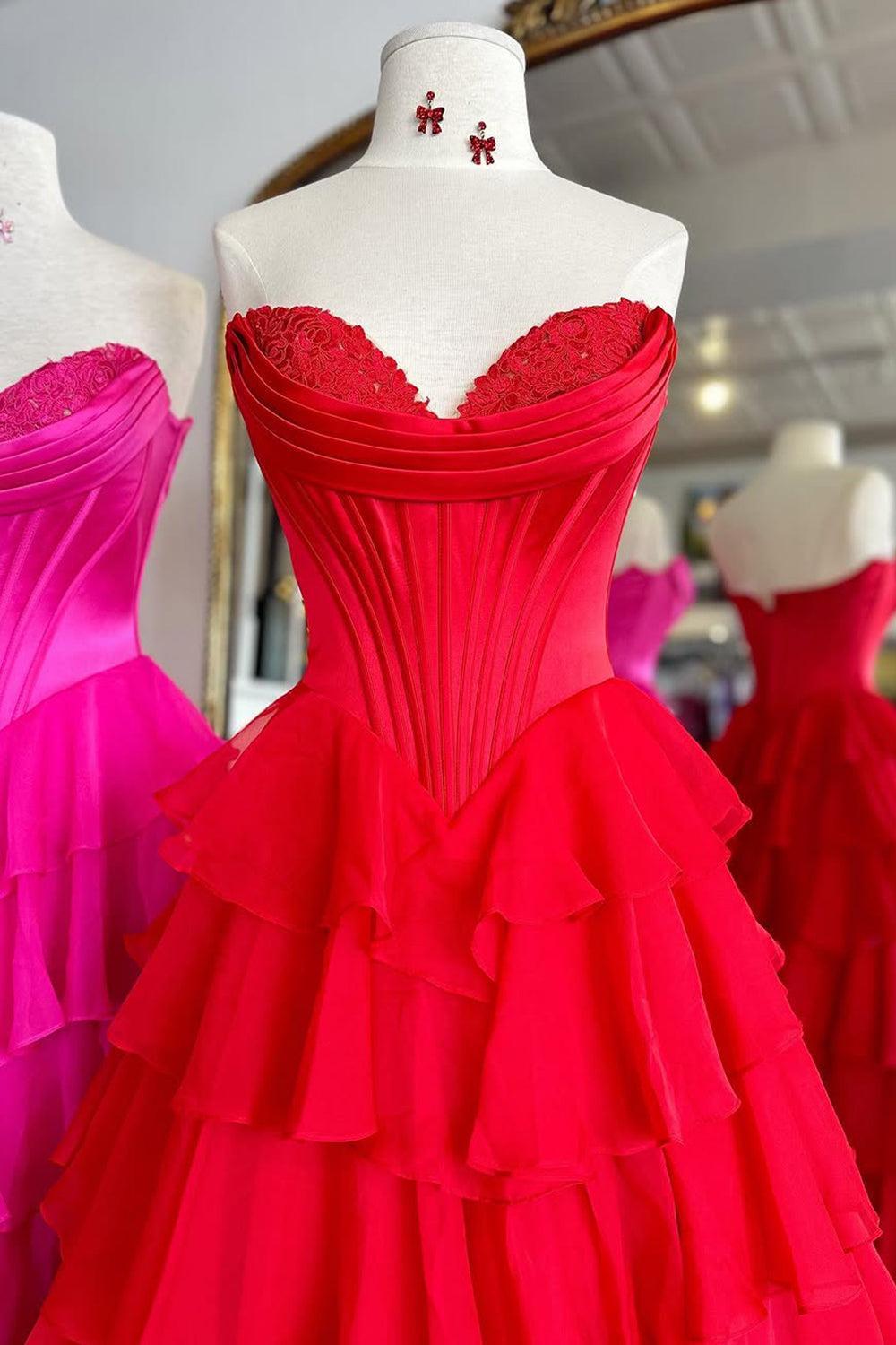 Pretty Sweetheart A-Line Satin Top Long Layered Chiffon Prom Dress With Slit Formal Evening Gown