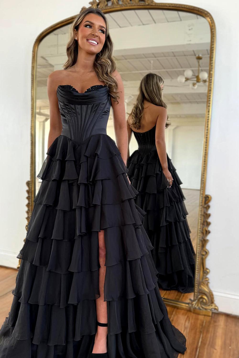 Pretty Sweetheart A-Line Satin Top Long Layered Chiffon Prom Dress With Slit Formal Evening Gown
