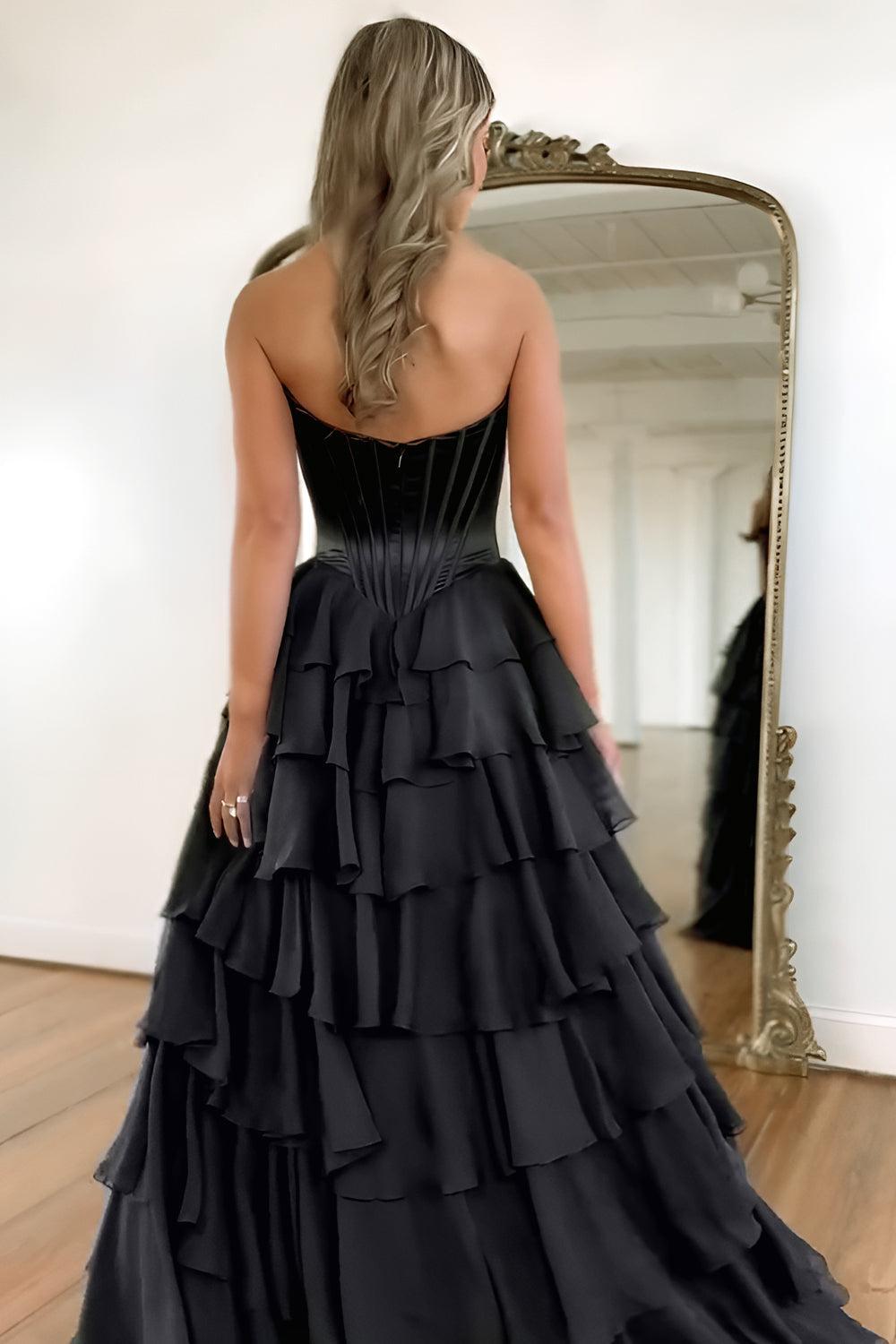 Pretty Sweetheart A-Line Satin Top Long Layered Chiffon Prom Dress With Slit Formal Evening Gown