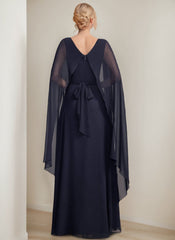 A Line Long Mother of the Bride Dress with Cape Sleeves Bow and Ruffles