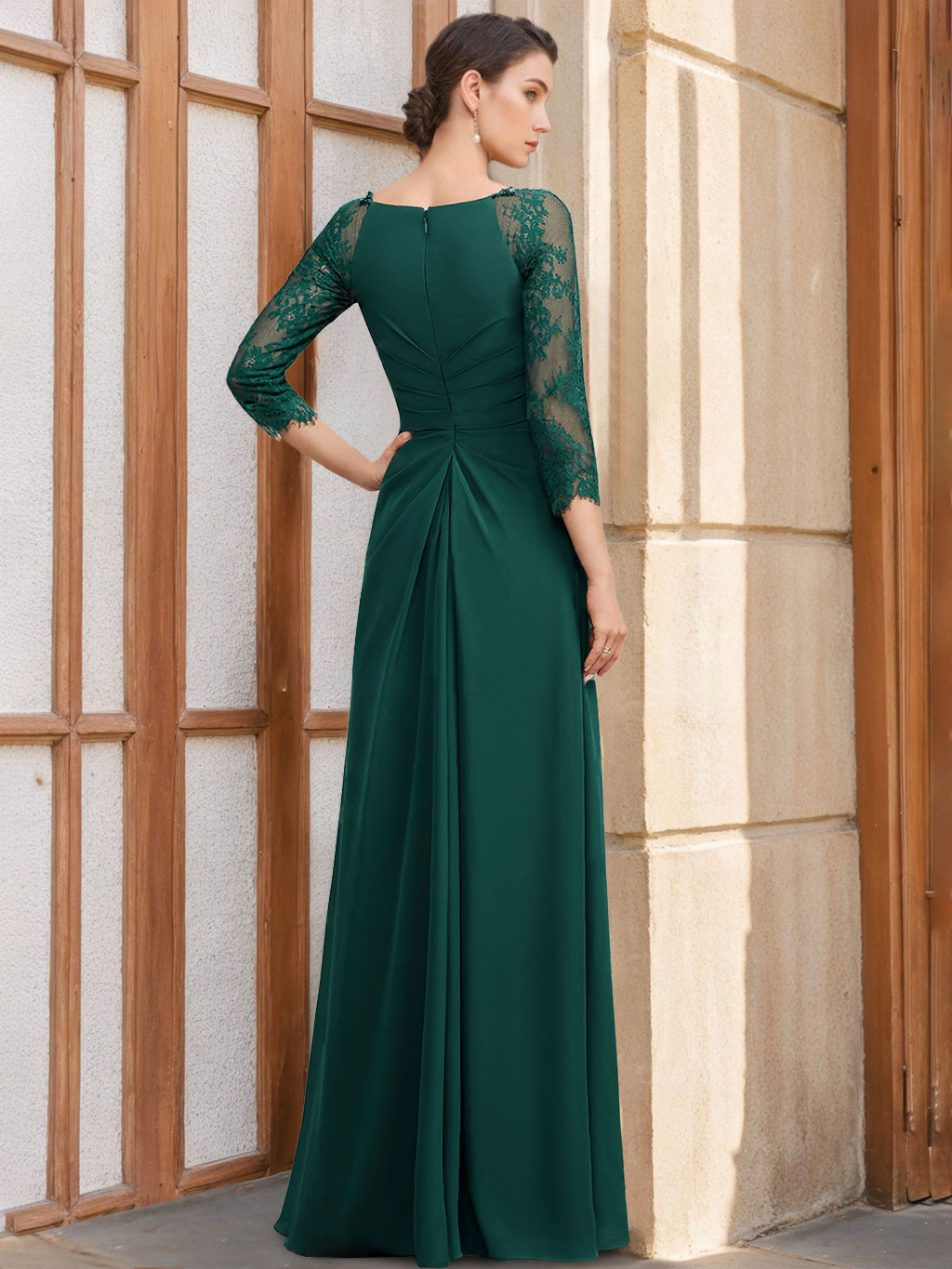 A Line Long Mother of the Bride Dresses with Scoop Neck 3/4 Sleeves Sequins Ruffles & Appliques